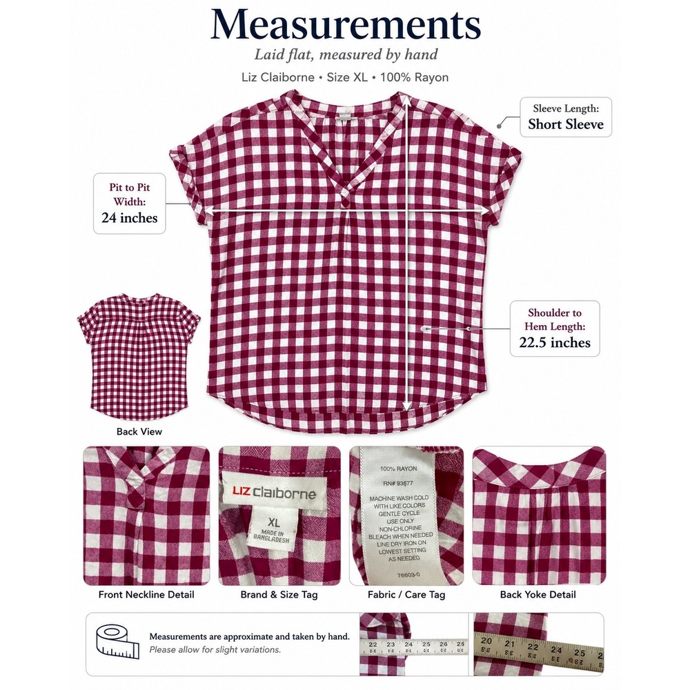 Liz Claiborne Blouse Womens ExLarge Burgundy Gingham Rayon V Neck Preppy - Picture 5 of 12